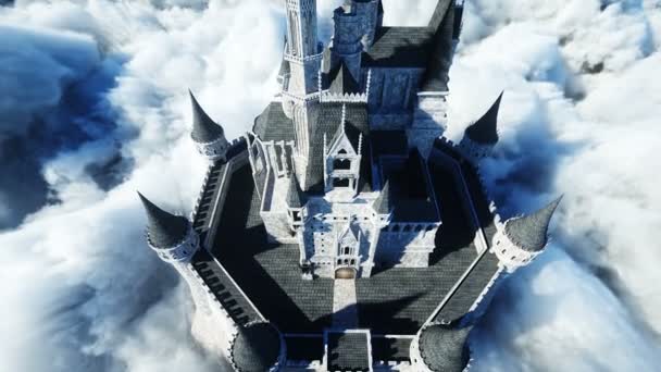 Baśniowy pałac w chmurach. Widok z lotu ptaka. Latanie w chmurach Realistyczna animacja 4k — Wideo stockowe