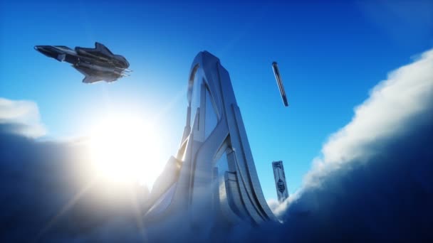 Futuristic sci fi city in clouds. Utopia. concept of the future. Flying passenger transport. Aerial fantastic view. Realistic 4k animation. — Stock Video