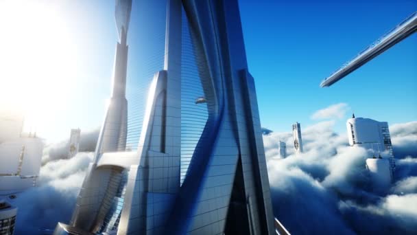 Futuristic sci fi city in clouds. Utopia. concept of the future. Flying passenger transport. Aerial fantastic view. Realistic 4k animation. — Stock Video