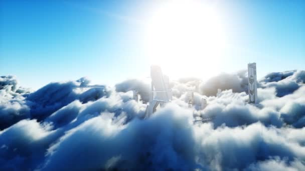 Futuristic sci fi city in clouds. Utopia. concept of the future. Flying passenger transport. Aerial fantastic view. Realistic 4k animation. — Stock Video