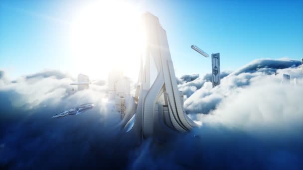 Futuristic sci fi city in clouds. Utopia. concept of the future. Flying passenger transport. Aerial fantastic view. Realistic 4k animation. — Stock Video