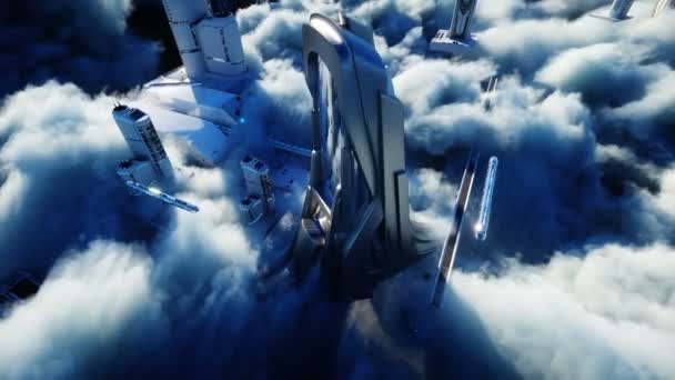 Футуристичне науково-фантастичне місто в хмарах. Утопія. Концепція майбутнього. Літаючий пасажирський транспорт. Повітряний фантастичний вид. Реалістична анімація 4k. — стокове відео