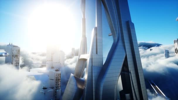 Futuristic sci fi city in clouds. Utopia. concept of the future. Flying passenger transport. Aerial fantastic view. Realistic 4k animation. — Stock Video