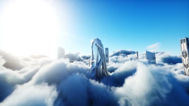 Futuristic sci fi city in clouds. Utopia. concept of the future. Flying passenger transport. Aerial fantastic view. Realistic 4k animation. — Stock Video