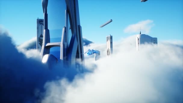 Bulutların içindeki fütürist bilim kurgu şehri. Ütopya. Gelecek konsepti. Uçan yolcu taşımacılığı. Havadan harika bir manzara. Gerçekçi 4k animasyonu. — Stok video