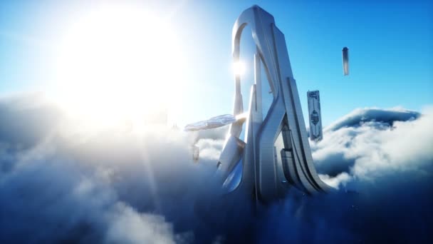 Futuristinen scifi kaupunki pilvissä. Utopiaa. tulevaisuuden konsepti. Lentävä matkustajaliikenne. Loistava näköala. Realistinen 4k animaatio. — kuvapankkivideo
