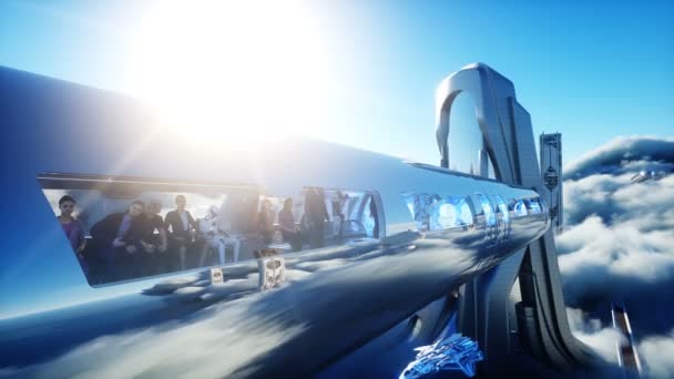Uçan yolcu treni. Bulutların içindeki fütürist bilim kurgu şehri. Ütopya. Gelecek konsepti. Havadan harika bir manzara. Gerçekçi 4k animasyonu. — Stok video