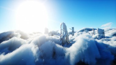 Futuristic sci fi city in clouds. Utopia. concept of the future. Flying passenger transport. Aerial fantastic view. 3d rendering. clipart