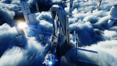 Futuristic sci fi city in clouds. Utopia. concept of the future. Flying passenger transport. Aerial fantastic view. 3d rendering. clipart