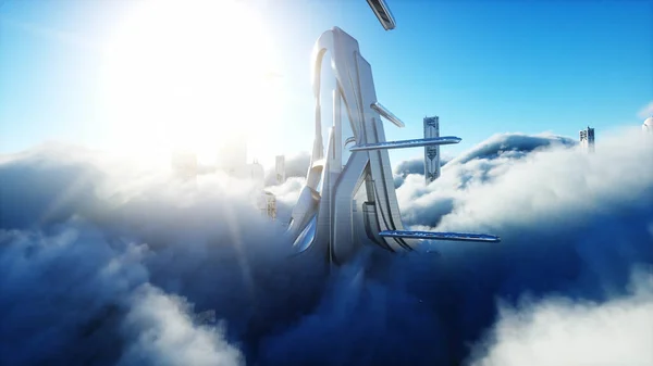 Futurisztikus sci-fi város felhőkben. Utópia. a jövő fogalma. Repülő személyszállítás. Fantasztikus a kilátás. 3D-s renderelés. — Stock Fotó