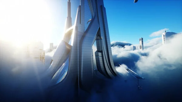 Ciudad de ciencia ficción futurista en las nubes. Utopía. concepto del futuro. Transporte aéreo de pasajeros. Vista aérea fantástica. renderizado 3d. — Foto de Stock