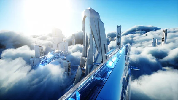 Futuristische Science-Fiction-Stadt in Wolken. Utopie. Konzept der Zukunft. Fliegender Personenverkehr. Ein fantastischer Blick aus der Luft. 3D-Darstellung. — Stockfoto