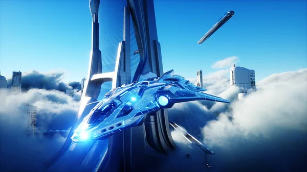 Φουτουριστικό sci fi πόλη στα σύννεφα. Ουτοπία. έννοια του μέλλοντος. Αεροπορικές μεταφορές επιβατών. Αεροφωτογραφία φανταστική θέα. 3d απόδοση. — Φωτογραφία Αρχείου
