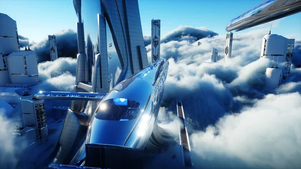 Tren de pasajeros voladores. Ciudad de ciencia ficción futurista en las nubes. Utopía. concepto del futuro. Vista aérea fantástica. renderizado 3d. — Foto de Stock