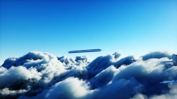Tren de pasajeros voladores. Ciudad de ciencia ficción futurista en las nubes. Utopía. concepto del futuro. Vista aérea fantástica. renderizado 3d. —  Fotos de Stock