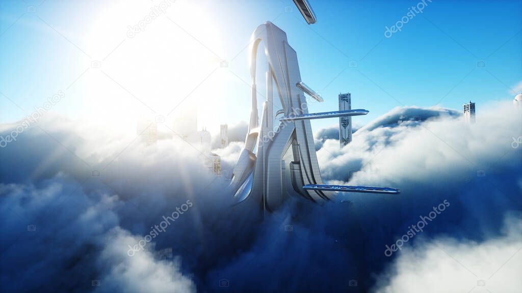 Futuristic sci fi city in clouds. Utopia. concept of the future. Flying passenger transport. Aerial fantastic view. 3d rendering.