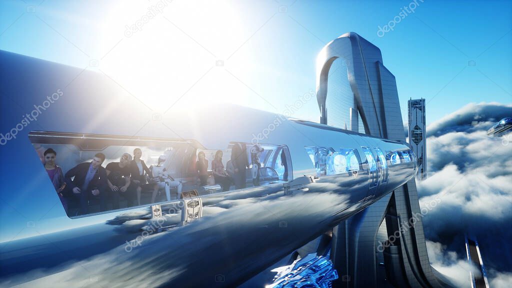 Flying passenger train. Futuristic sci fi city in clouds. Utopia. concept of the future. Aerial fantastic view. 3d rendering.