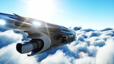 Bulutlarda uçan fütürist bilim kurgu gemisi. 3d oluşturma.