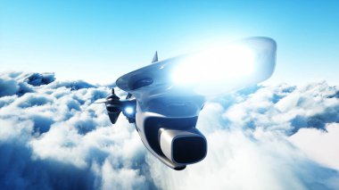 Bulutlarda uçan fütürist bilim kurgu gemisi. 3d oluşturma.