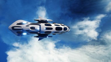 Bulutlarda uçan fütürist bilim kurgu gemisi. 3d oluşturma.