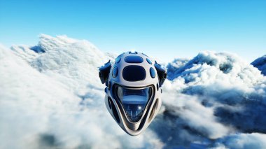 Bulutlarda uçan fütürist bilim kurgu gemisi. 3d oluşturma.