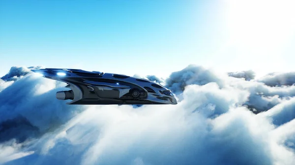 Nave de ciencia ficción futurista volando en las nubes. renderizado 3d. —  Fotos de Stock
