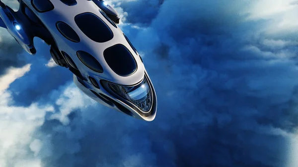 Futuriste vaisseau scientifique volant dans les nuages. Rendu 3d. — Photo