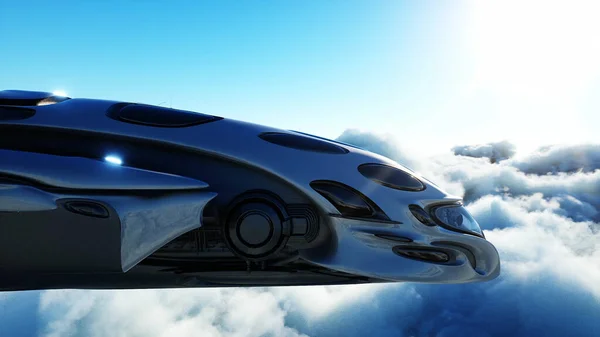 Nave de ciencia ficción futurista volando en las nubes. renderizado 3d. — Foto de Stock