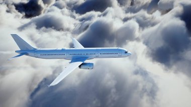 Bulutlarda uçan yolcu otobüsü. Uçak. 3d oluşturma.