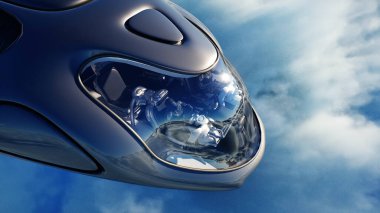 Bulutlarda uçan fütürist bilim kurgu gemisi. 3d oluşturma.