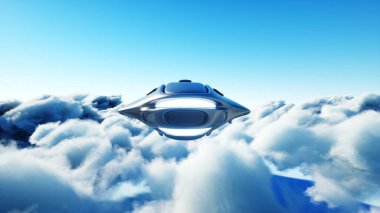 Bulutlarda uçan fütürist bilim kurgu gemisi. 3d oluşturma.