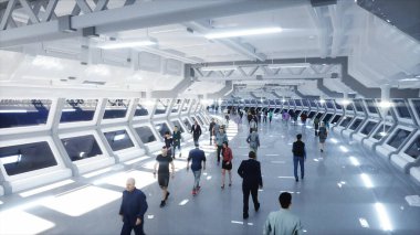 Sci fi Tonnel 'de 3 boyutlu insanlar. Trafik vardı. Gelecek kavramı. 3d oluşturma.