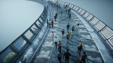 Sci fi Tonnel 'de 3 boyutlu insanlar. Trafik vardı. Gelecek kavramı. 3d oluşturma.