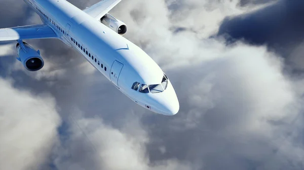 乗客の航空バス雲の中に飛んでいます。飛行機だ。3Dレンダリング. — ストック写真