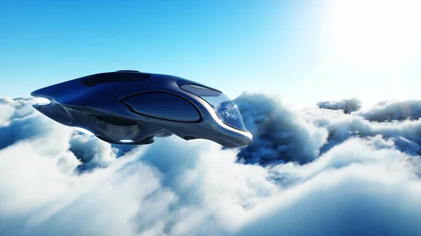Futurisztikus sci-fi hajó repül a felhők között. 3D-s renderelés. — Stock Fotó