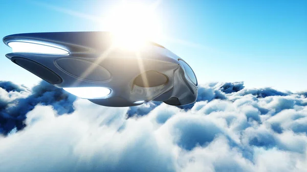Futurisztikus sci-fi hajó repül a felhők között. 3D-s renderelés. — Stock Fotó