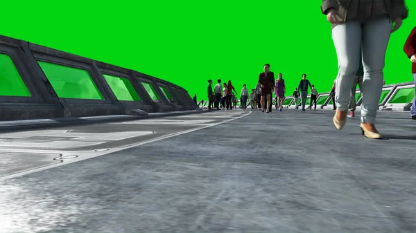 3d ludzi w tunelu Sci fi. Ruch uliczny. Koncepcja przyszłości. Zielony ekran. 3d renderowanie. — Zdjęcie stockowe