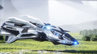 Fütürist gemi bilim kurgu şehrinde başlıyor. Gelecek konsepti. Hava görüntüsü. 3d oluşturma.