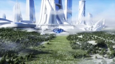 Fütürist gemi ve bilim kurgu şehri. Gelecek konsepti. Hava görüntüsü. 3d oluşturma.