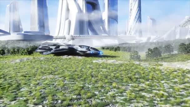 Futurystyczny statek i sci fi miasto. Koncepcja przyszłości. Widok z lotu ptaka. 3d renderowanie. — Wideo stockowe