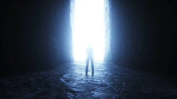 A lonely man stands in front of a light portal. 3d rendering. — Stock Photo, Image