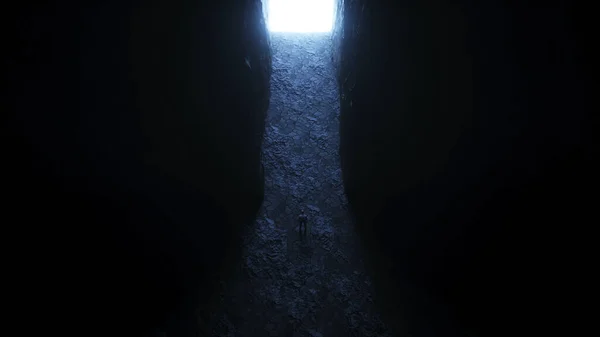 Un hombre solitario se para frente a un portal de luz. renderizado 3d. — Foto de Stock