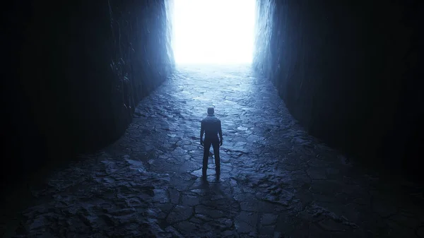 A lonely man stands in front of a light portal. 3d rendering. — Stock Photo, Image