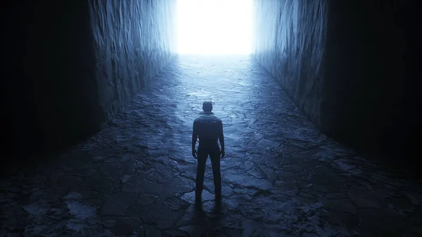 Um homem solitário está em frente a um portal de luz. Renderização 3d. — Fotografia de Stock