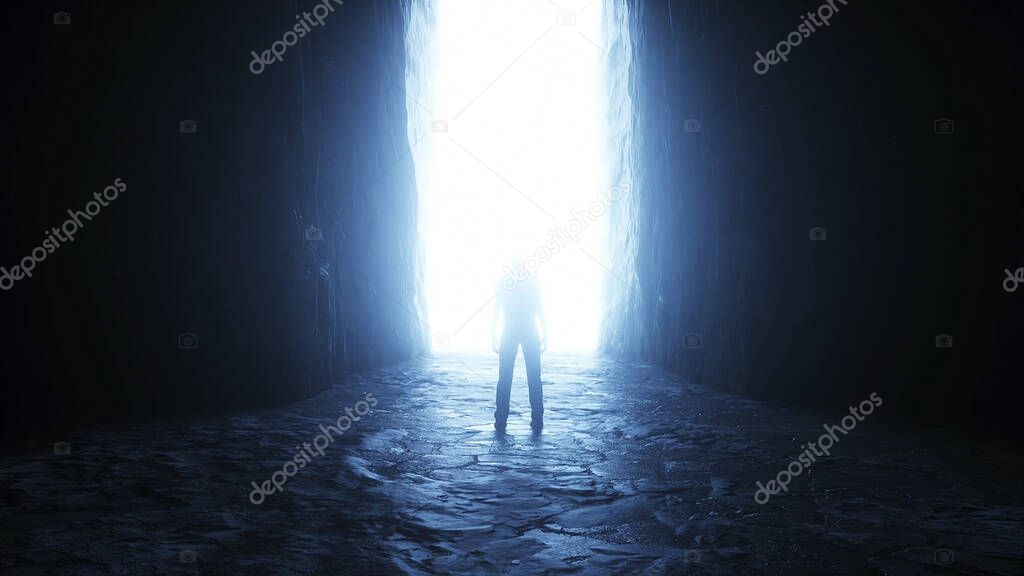 a lonely man stands in front of a light portal. 3d rendering.