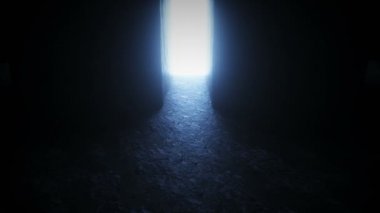 Kayalar arasında ışık taşı sihirli portal. Gerçekçi 4k animasyonu.