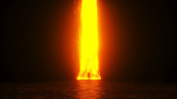 Pendosa. Seorang pria pendosa kesepian berdiri di depan gerbang neraka. Api neraka. Konsep agama. Animasi 4k realistis. — Stok Video