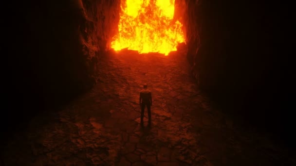Pecador. Un hombre pecador solitario se para frente a las puertas del infierno. Fuego infernal. Concepto religioso. Animación realista 4k. — Vídeos de Stock
