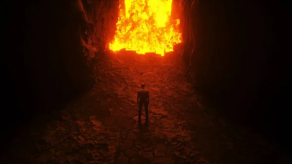 Αμαρτωλός. Ένας μοναχικός αμαρτωλός άντρας στέκεται μπροστά από τις πύλες της κόλασης. Φωτιά στην κόλαση. Θρησκευτική έννοια. 3d απόδοση. — Φωτογραφία Αρχείου