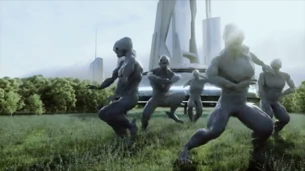 Funny aliens dancing in the meadow near the UFO spaceship. Realistic 4k animation. — Stock Video